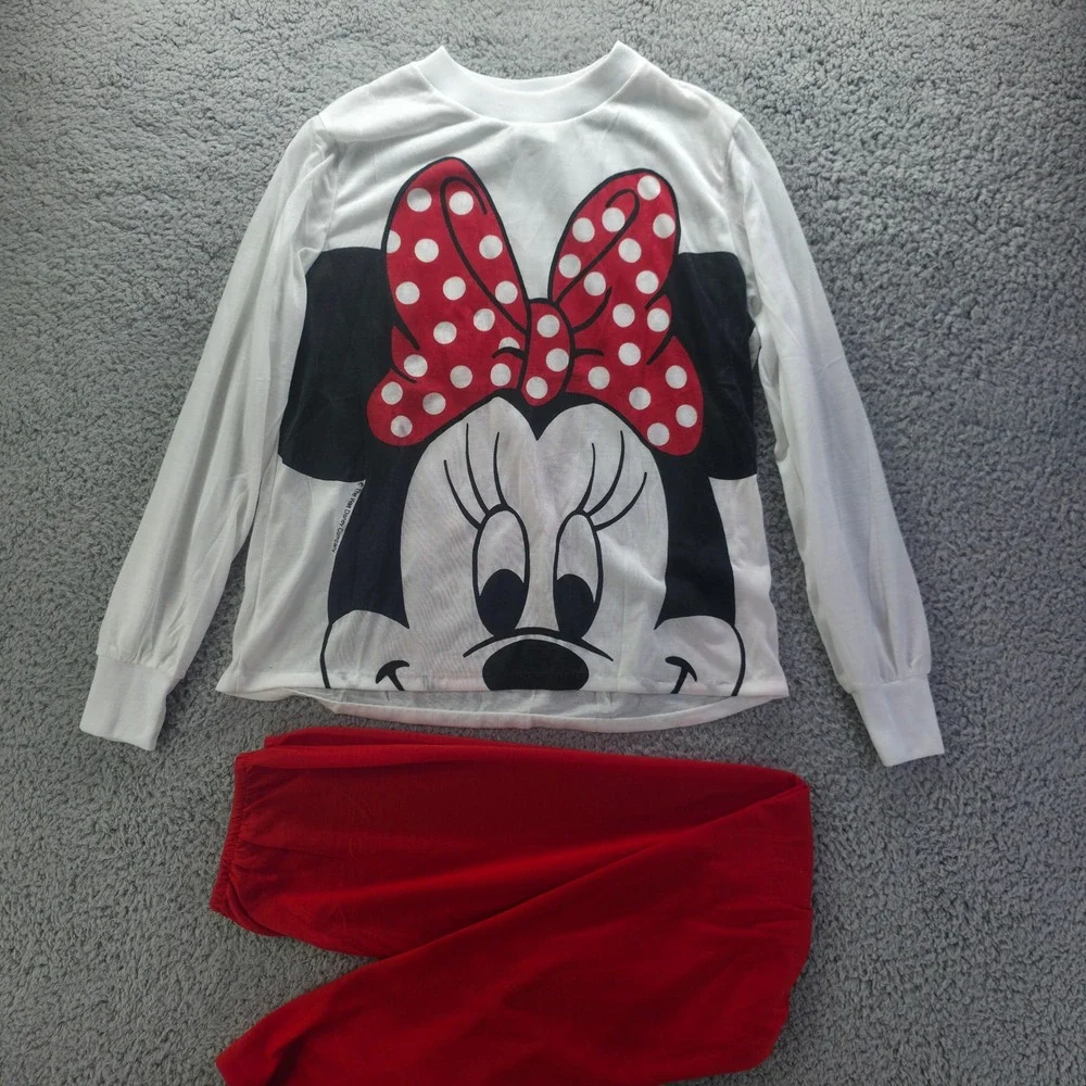 Vintage Disney Minnie Mouse Pajama Set Kids Size 12 White Red 2pc L.V. Myles USA